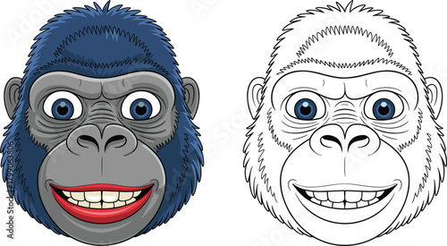 Smiling gorilla face illustration with color and outline versions, cartoon primate head, detailed fur, expressive eyes, friendly vector wildlife art