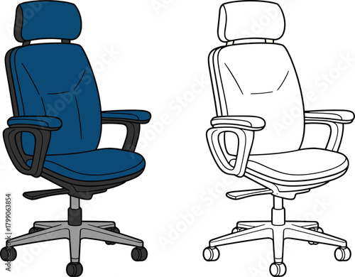 Executive ergonomic office chair illustration with blue and outline versions, padded seat, adjustable armrests, swivel base, modern workplace furniture