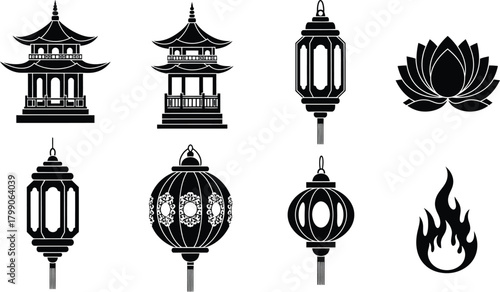 Collection of traditional asian lanterns pagodas and lotus flower silhouettes