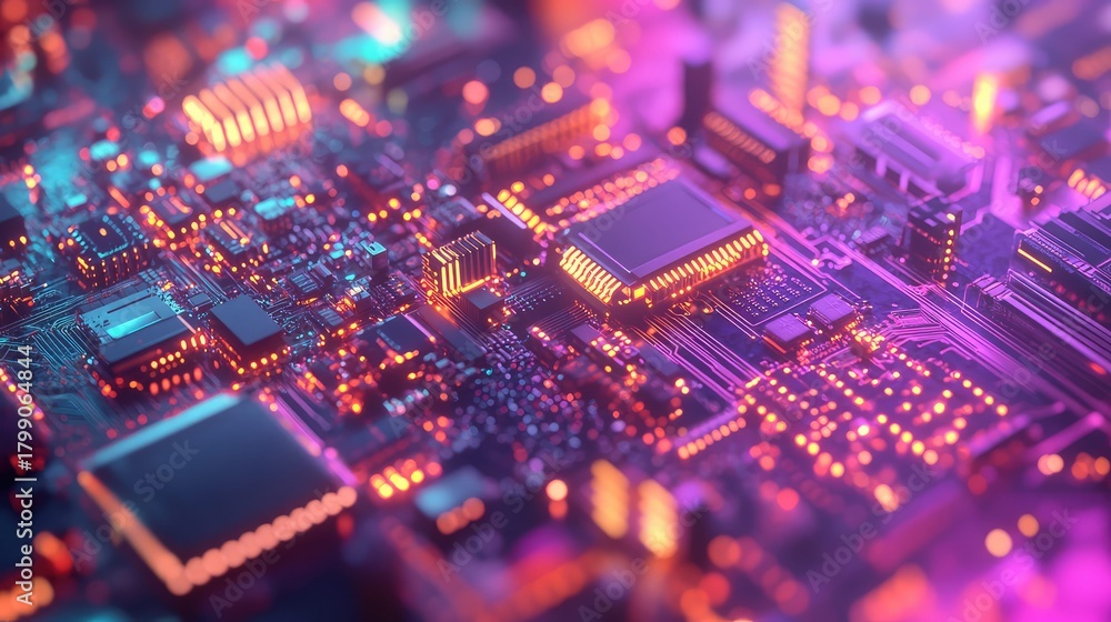 Fototapeta premium Glowing electronic circuit board showing digital data flow