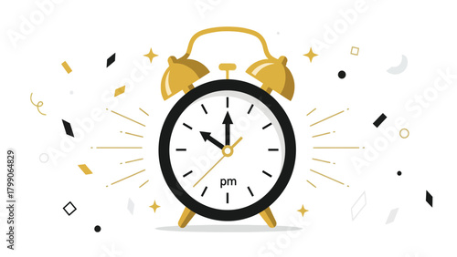 Simple Flat Illustration of Gold Alarm Clock with PM Time Symbol