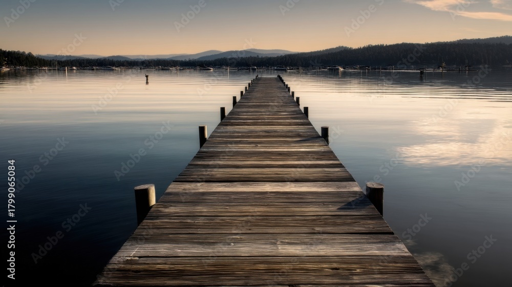 Fototapeta premium A serene wooden dock extends over calm reflective water with symmetrical posts, misty distant hills,