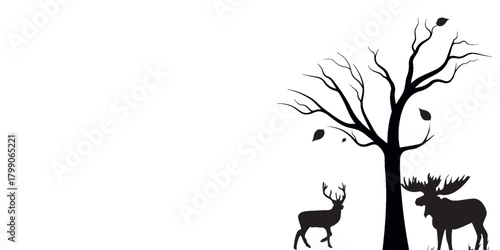 A black and white silhouette of two deer standing in front of a forest