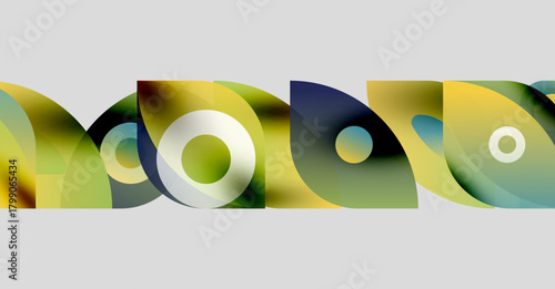 Abstract colorful shapes overlap, creating dynamic visual pattern. Circles, curves, gradients define composition. Modern design element.
