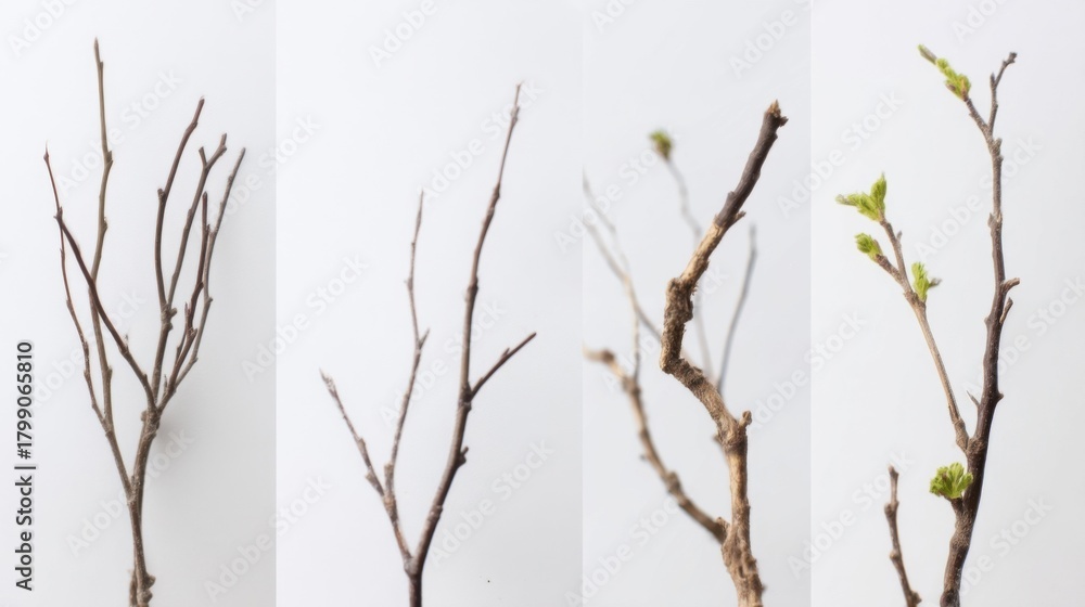 Obraz premium A sequence of four frames showing a brown twig progressing from bare to sprouting green leaves against a clean white bac