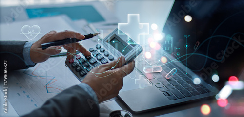 Healthcare business graph data, Businessman use calculator to calculate growth investment medical business, Investor and Financial,  People develop attention healthcare and rising growth in hospital.