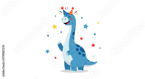 Delightful dinosaur celebrates with confetti, perfect for birthday invitations or kids' party supplies, a cheerful blue prehistoric pal