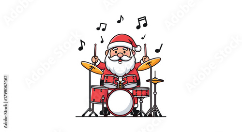 Jolly Santa Claus drumming with festive cheer and musical notes, spreading holiday joy through rhythm and playful energy in a Christmas celebration