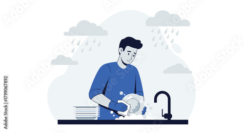 Thoughtful man washing dishes during rainy day, embracing chores and finding peace indoors, promoting domesticity and mindful living