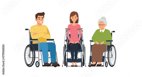 Diverse group in wheelchairs and walker, promoting inclusivity and accessibility for web designs and healthcare marketing materials now