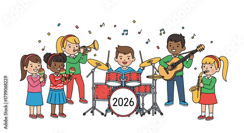 A diverse cartoon childrens band joyfully playing musical instruments with 2026 on the drum.