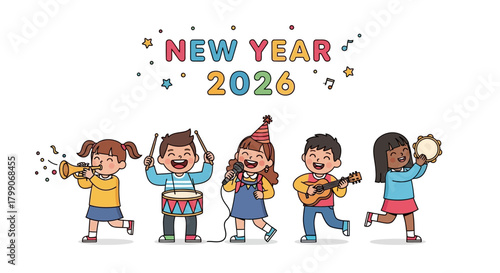 Cartoon Kids Celebrating New Year 2026 with Musical Instruments and Festive Attire.