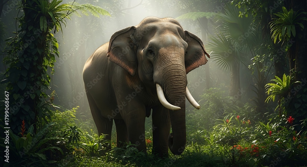Fototapeta premium Majestic Elephant in the Misty Jungle