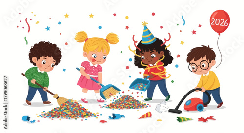 Diverse Children Cleaning Up After a Festive Celebration.