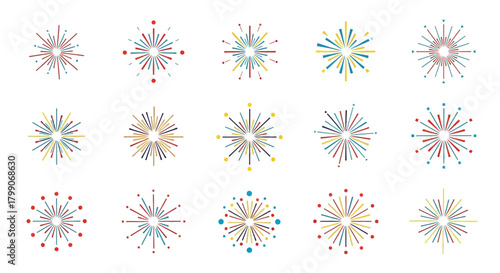 Diverse stylized starburst graphic elements with radiating rays, varied patterns, and dot accents.