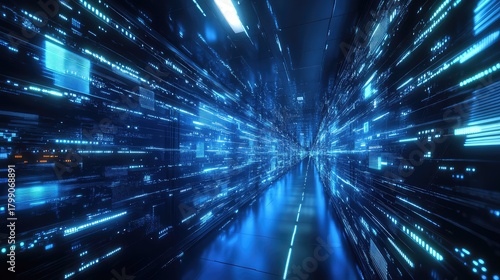 Fototapeta Naklejka Na Ścianę i Meble -  Digital data flowing through futuristic server tunnel