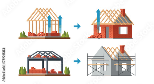 Home construction stages illustrating building a house from the foundation to completion with brickwork and scaffolding in a simple, modern style