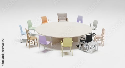 Round table with colorful chairs and wheelchair. Inclusion and diversity concept.