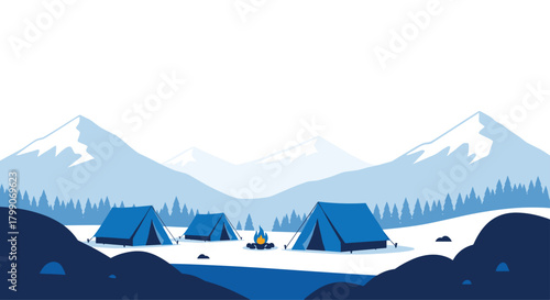 Inviting blue camping scene near majestic mountains with warm campfire glow ready for adventure and outdoor lifestyle marketing campaigns