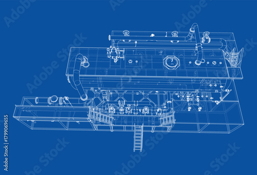 Industrial Machinery Blueprint on Blue. Vector