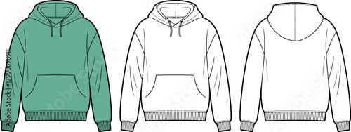 Hooded Sweatshirt Technical Sketch – Front and Back Views with Color Variant for Fashion Design