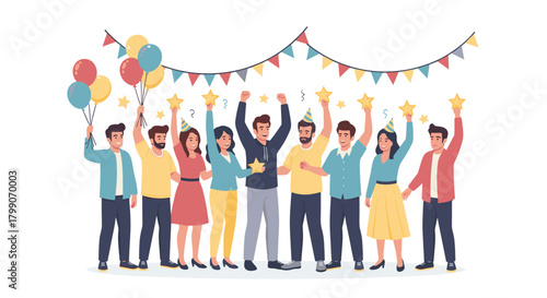 Excited group celebrating success with balloons and party hats, fostering team spirit and cheerful atmosphere, perfect for corporate achievements
