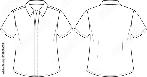 Short-Sleeve Collared Shirt Flat Sketch – Front and Back Views for Fashion Design