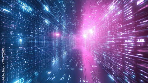 Fototapeta Naklejka Na Ścianę i Meble -  Digital data stream tunnel with glowing neon lights