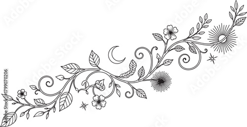 Elegant hand drawn floral vine with swirling leaves and delicate flowers in black and white
