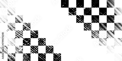 Grunge background of a racing flag, car rally or motocross finish flag with a vector checkered pattern. Grunge racing flag for auto racing or motorcycle racing, motorsport.