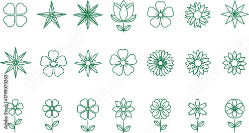 Collection of intricate green ornamental decorative elements and flourishes in a vintage style