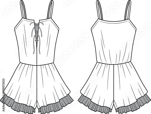Sleeveless Romper Flat Sketch – Lace-Up Bodice and Pleated Hem Front and Back Views