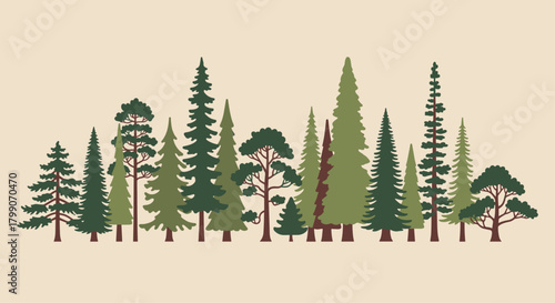 Beautiful forest of evergreen trees in various shades of green perfect for nature-inspired designs and backgrounds with a peaceful and serene vibe