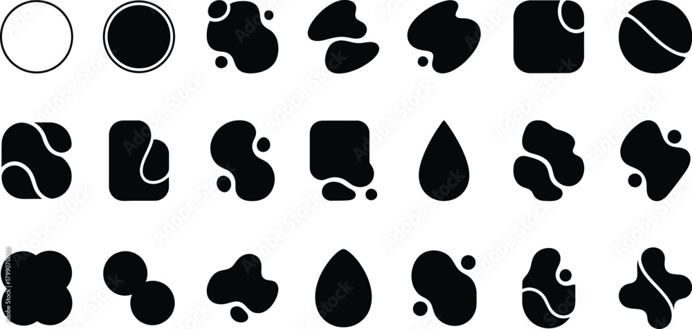 Fototapeta premium Set of Black Shape Design Elements for Creating Abstract Logo Template Collection with Various Forms Graphic Simple Circle Square Drop Water Liquid Blob Isolated on White