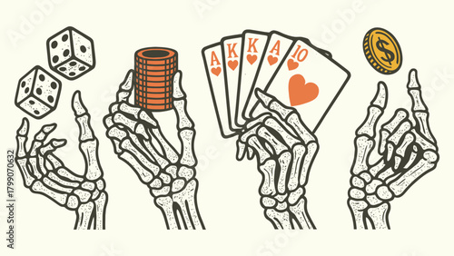 The Hand of Fate: Vintage Skeleton Gambling Illustration