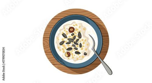Wholesome oatmeal breakfast with nuts and seeds for a healthy start to your day, served in a modern blue bowl on a wooden table top