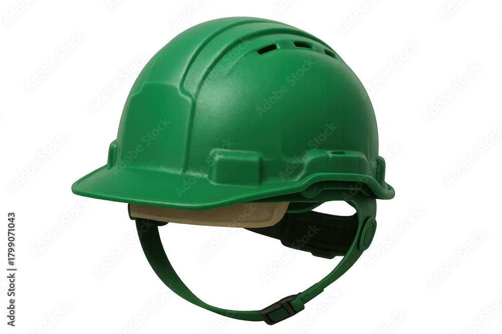 Fototapeta premium Green industrial hard hat protecting head during construction work or renovation project on transparent background