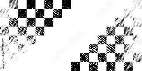 Grunge background of a racing flag, car rally or motocross finish flag with a vector checkered pattern. Grunge racing flag for auto racing or motorcycle racing, motorsport.