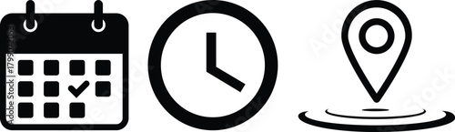 Vector art of a set of date, time, and address icons isolated on white background, representing calendar appointments, clock times, and location markers for navigation