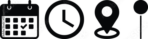 Vector art of a set of date, time, and address icons isolated on white background, representing calendar appointments, clock times, and location markers for navigation