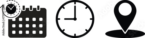 Vector art of a set of date, time, and address icons isolated on white background, representing calendar appointments, clock times, and location markers for navigation