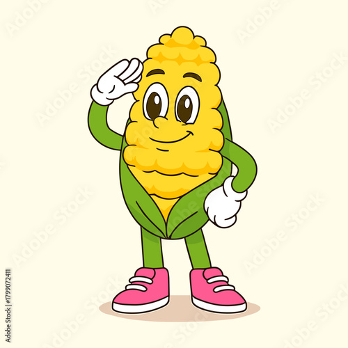 Cartoon corn mascot cheerfully gives a salute