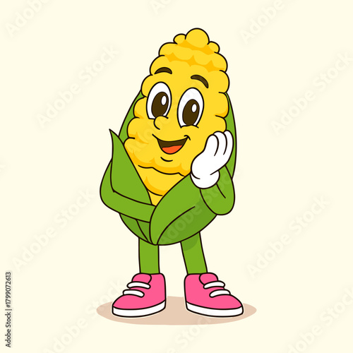 Cartoon Corn Mascot smiles with contemplation