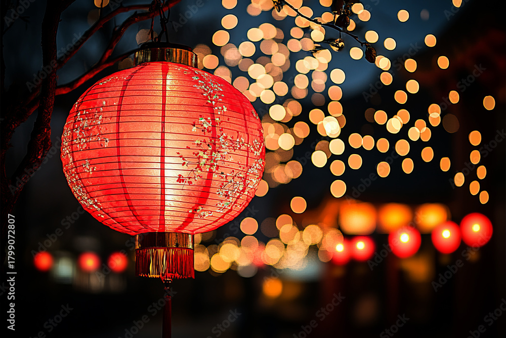 Obraz premium chinese new year, red lanterns hanging in the night sky,