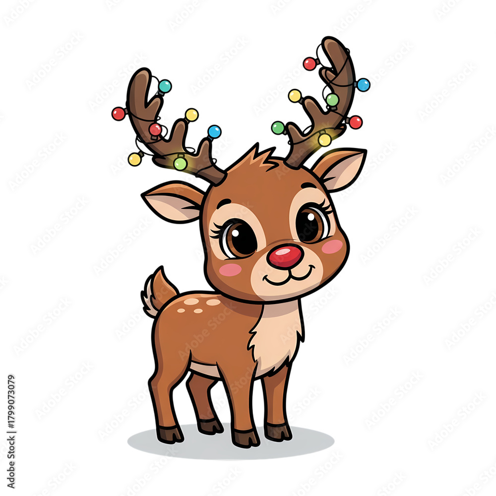 Fototapeta premium Adorable cartoon reindeer with christmas lights on antlers against a black backdrop on transparent background