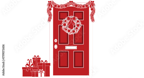 Festive red door welcomes you home for the holidays with gifts and seasonal cheer, perfect for greeting cards and holiday promotions
