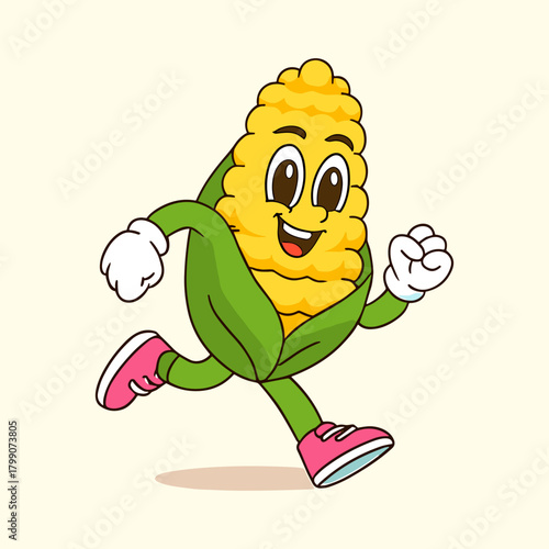 Running corn cartoon mascot in motion, happy
