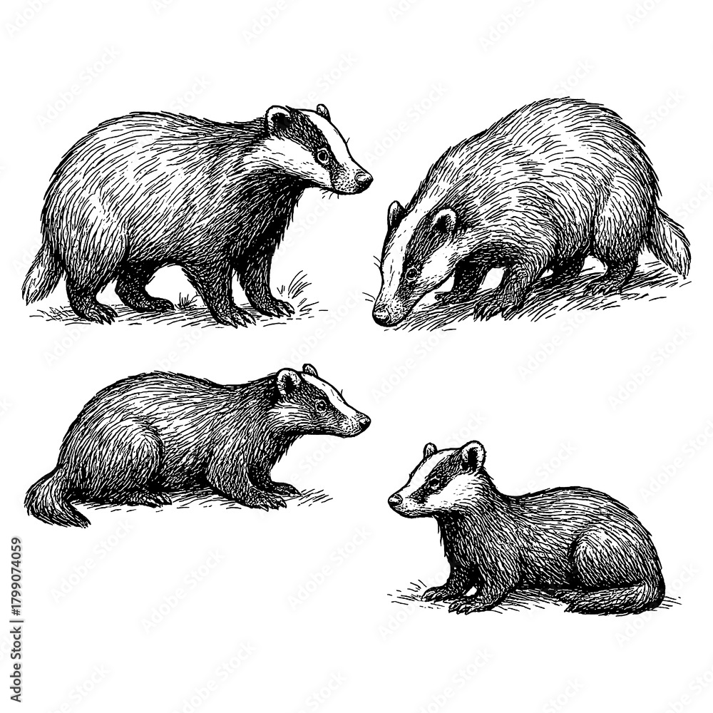 Fototapeta premium badger set in detailed vintage engraving style, Transparent Background