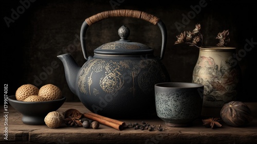 Fototapeta Naklejka Na Ścianę i Meble -  Traditional asian cast iron teapot with spices on wood