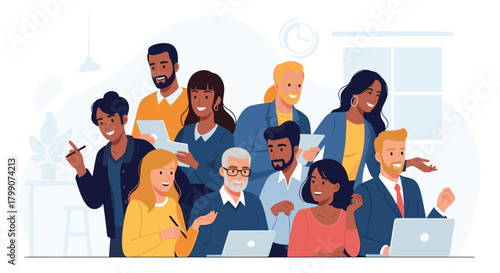 Happy diverse team collaborating on laptops and tablets in modern office, fostering innovation and teamwork, great for corporate communications use